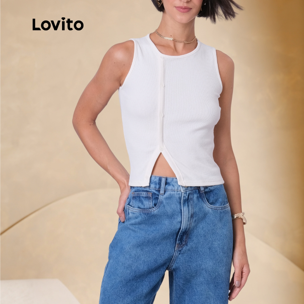 Lovito Regata Feminina Casual com Botão e Abertura Assimétrica BRTKB110BRL139
