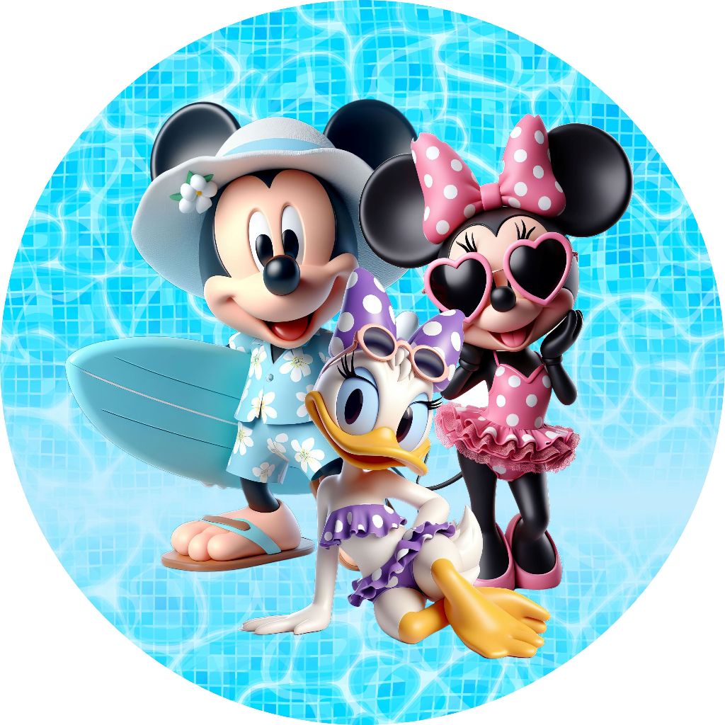 PAINEL REDONDO TECIDO SUBLIMADO MINNIE MICKEY E TURMA PRAIA POOL PARTY 1,50
