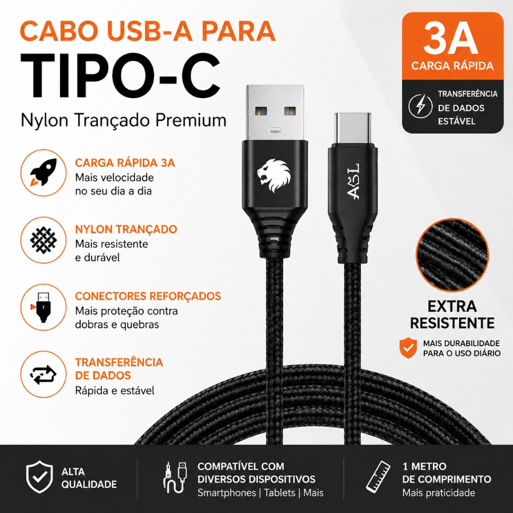 Cabo USB C 3A Preto Nylon Trançado Carregamento Rápido Durável Para Smartphone Tablet AC1027T