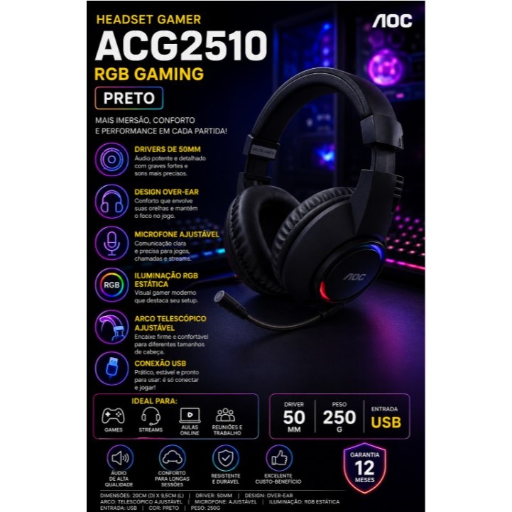 Headset Gamer ACG2510 RGB | Over‑Ear 50mm, Microfone Ajustável e Conforto Pro — Preto Gamer - Stream