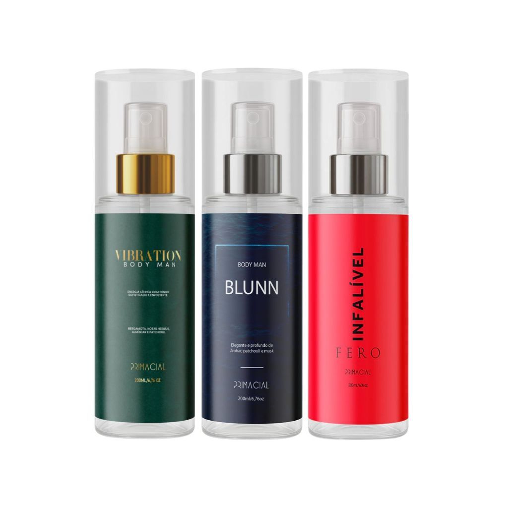 KIT COM 3 BODY SPLASH MASCULINO VIBRATION + BLUNN + INFALÍVEL FERO 200ML - PERFUME CÍTRICO AMADEIRADO AQUÁTICO