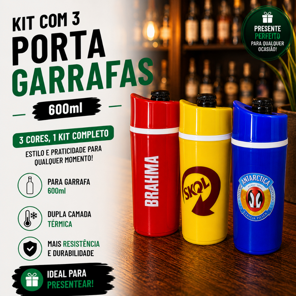 Kit 3 Porta Garrafa 600ml Suporte Camisinha Cerveja Termico Marcas Bebida Gelada por Mais Tempo