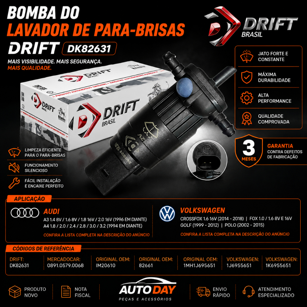 Eletrobomba do Limpador de Para-brisa 2 Saídas Drift DK82631 Audi Volkswagen