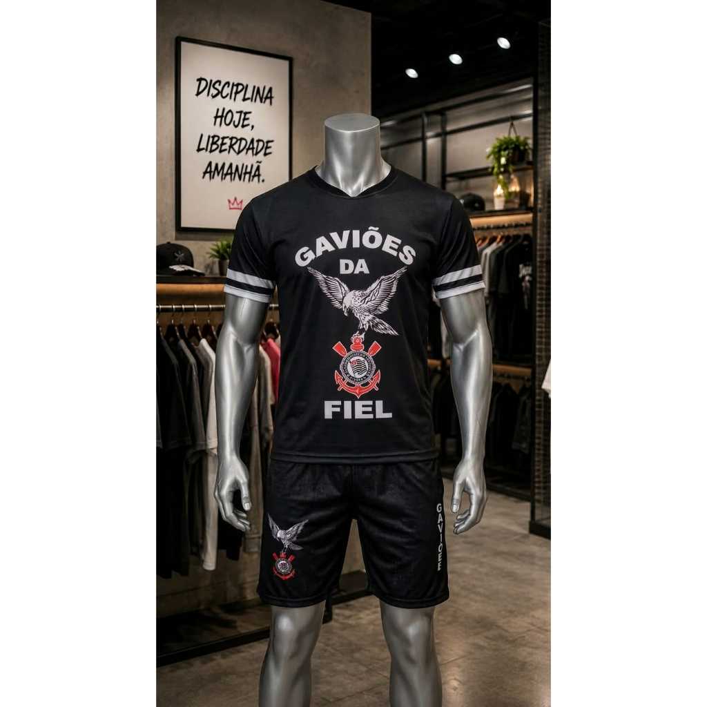 Kit Camiseta + Bermuda Gaviões da Fiel Unissex Uniforme Torcida Casual Conjunto Masculino e Feminino