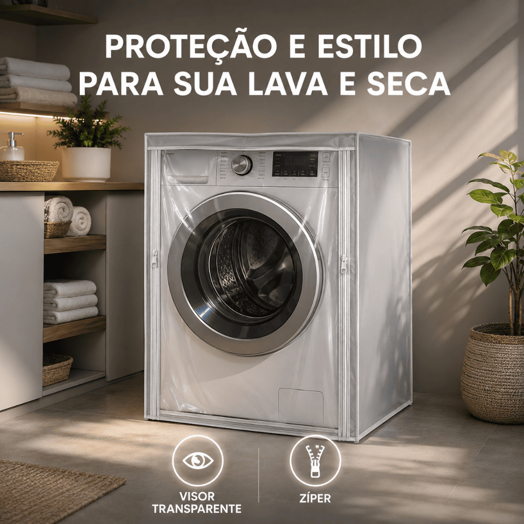 Capa Para Máquina Lavar Lava e Seca Visor Transparente Impermeável Frontal Zíper Cinza Eletrolux LG