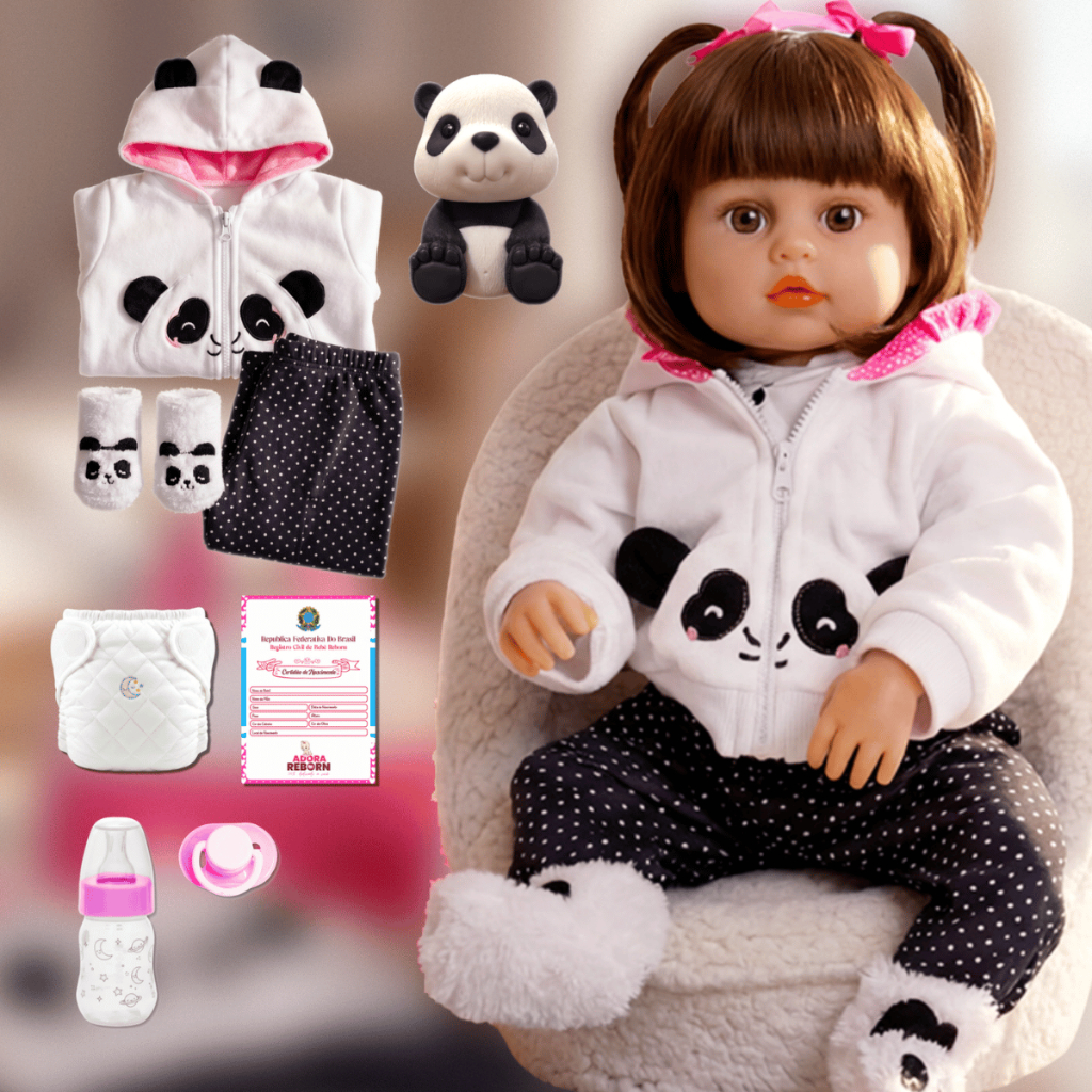 Bebê Reborn Pandinha Boneca Silicone Menina Pode Dar Banho