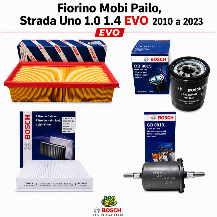 Kit Filtros Fiorino Mobi Pailo, Strada Uno 1.0 1.4 EVO 2010 a 2023 Ar Oleo Combu
