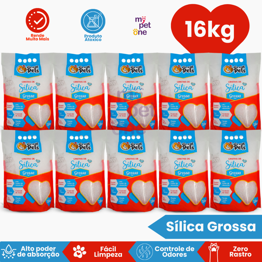 Kit 10 Areia Sílica Grossa Great Pets para Gatos - 1,6 Kg