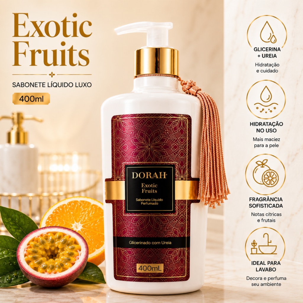 Sabonete Líquido Luxo Exotic Fruits 400ml – Ultra Hidratante com Ureia – Dorah Beauty