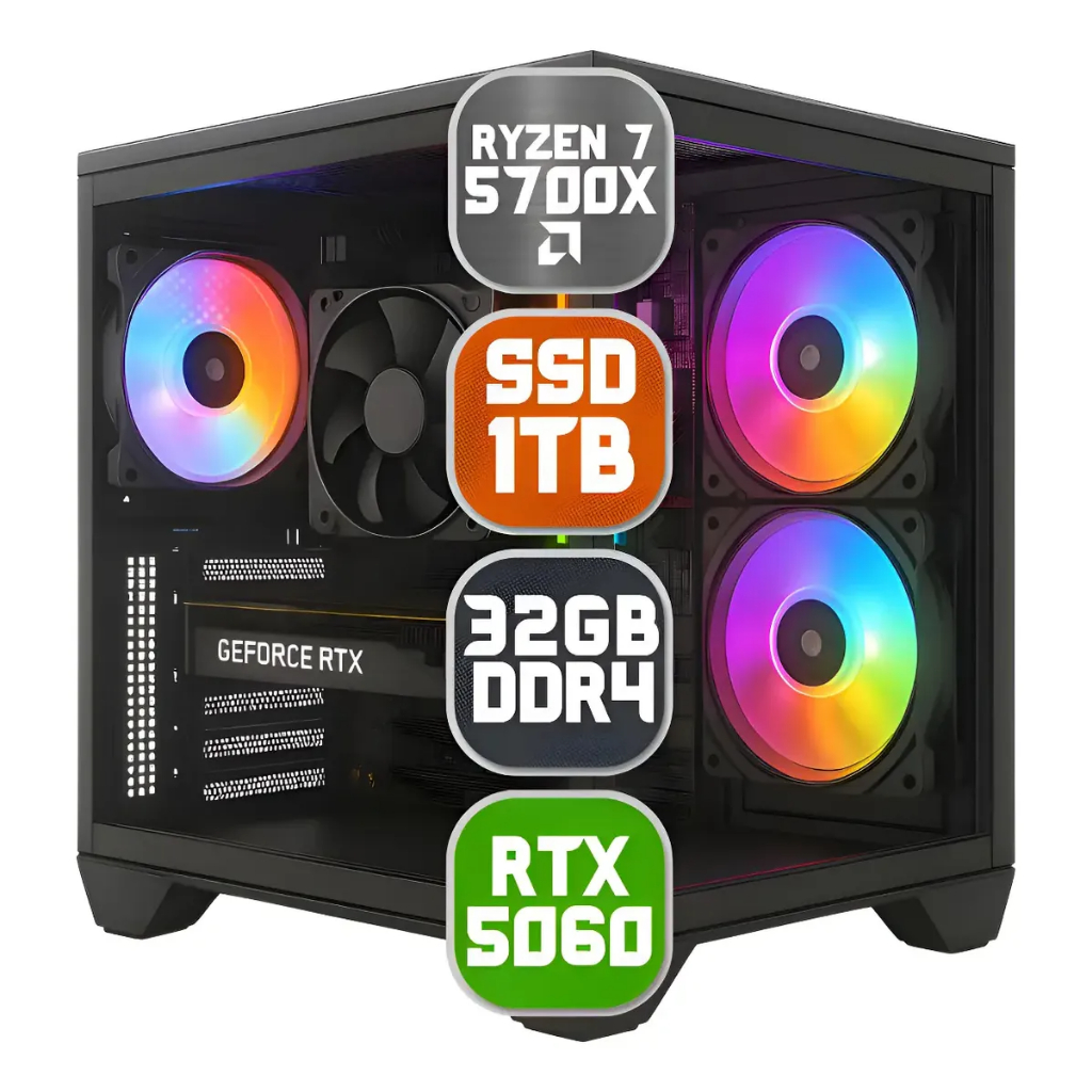 Pc Computador Gamer Amd Ryzen 7 5700x, rtx 5060, 32gb Ddr4, NVME 1tb - Gabinete 