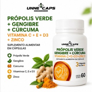 Própolis Verde + Gengibre + Cúrcuma + Vitaminas C E D3 + Zinco 60 ou 120 Cápsulas Unne Caps