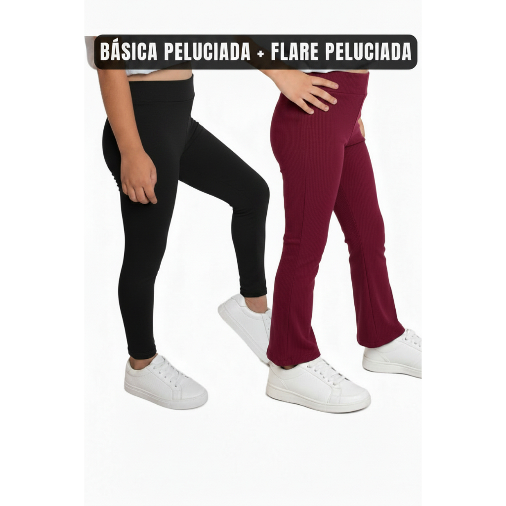 KIT 2 Calça Peluciada Infantil Legging Flanelada Básica e Leg Flare Boca de Sino Bailarina Menina