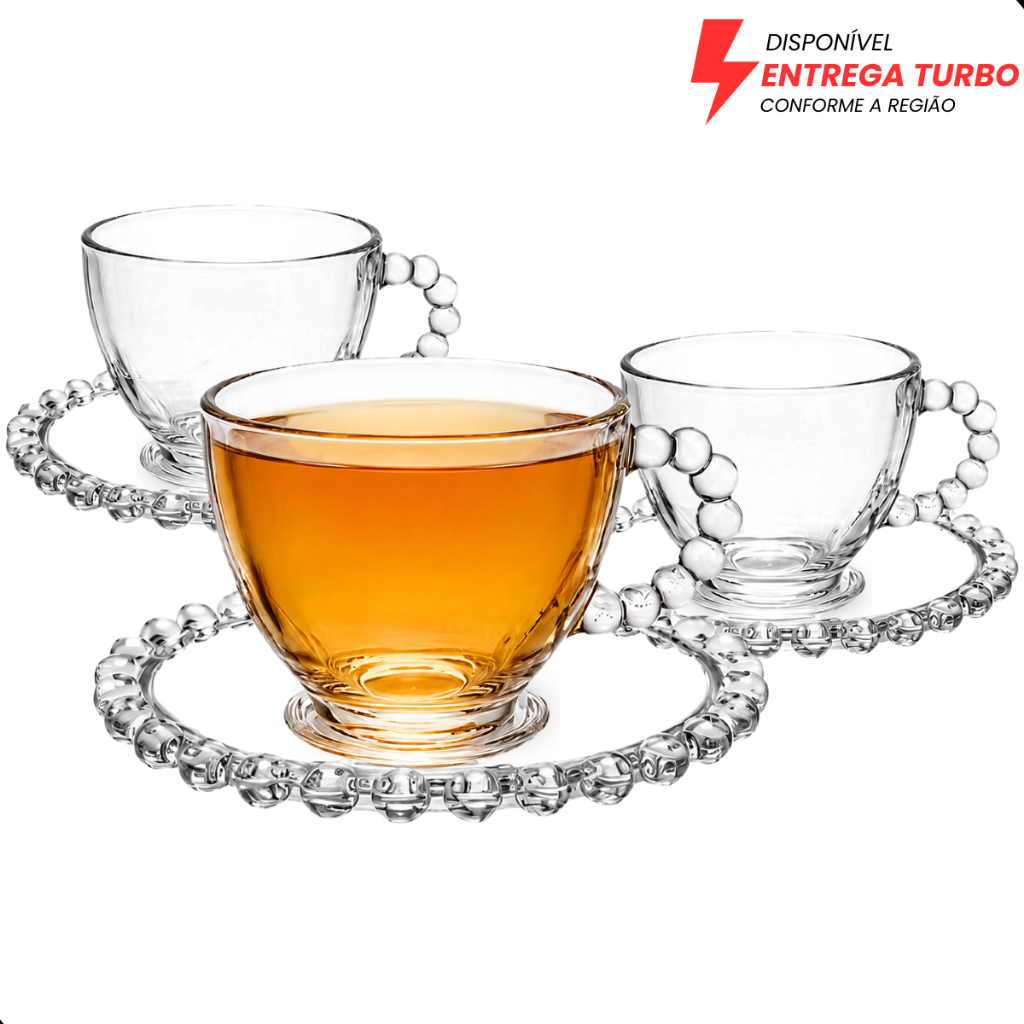 Jogo De Xícaras E Pires Em Vidro Transparente 6 Peças Para Chá Café 220ml Pearl Pérola Bolinha