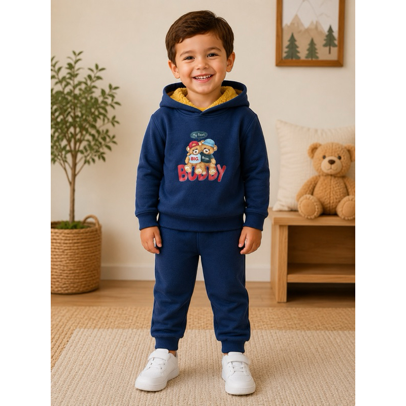 Conjunto Infantil de frio Moletom Peluciado Menino com Capuz Forrado em Pelo Carneirinho – Inverno Quentinho