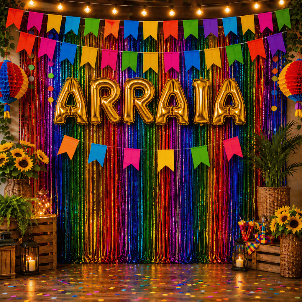 Kit Balão Festa Junina Arraia com 10 Metros de Bandeirinhas Papel Colorida Cortinas Metalizadas São João