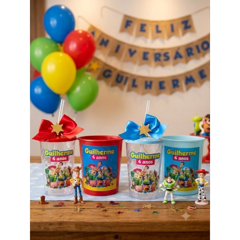 Kit Cineminha Toy Story Personalizado | Balde Pipoca + Copo com Canudo | Lembrancinha Aniversário Infantil