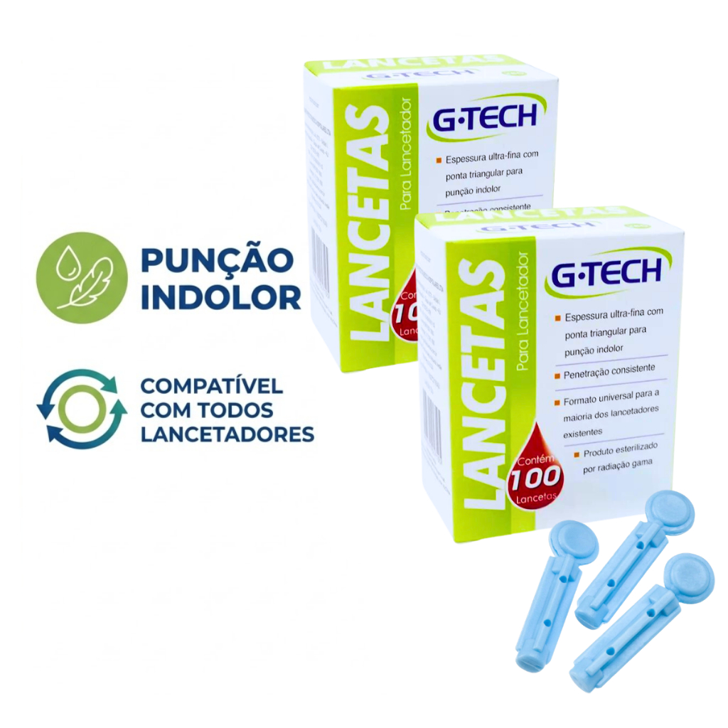 Kit 200 Lancetas G-Tech 28G 100un Ultrafina Punção Indolor Glicemia Universal Compatível Todos Lancetadores