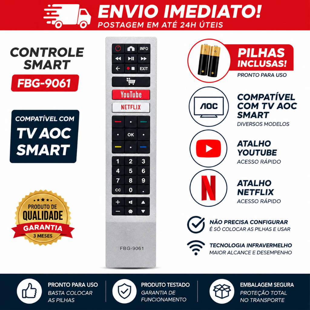 Controle Remoto Compatível Com TV AOC Smart 4K LED FBG-9061 Com Botão Netflix e YouTube 32S5295 43S5295 50U6295 55U6295