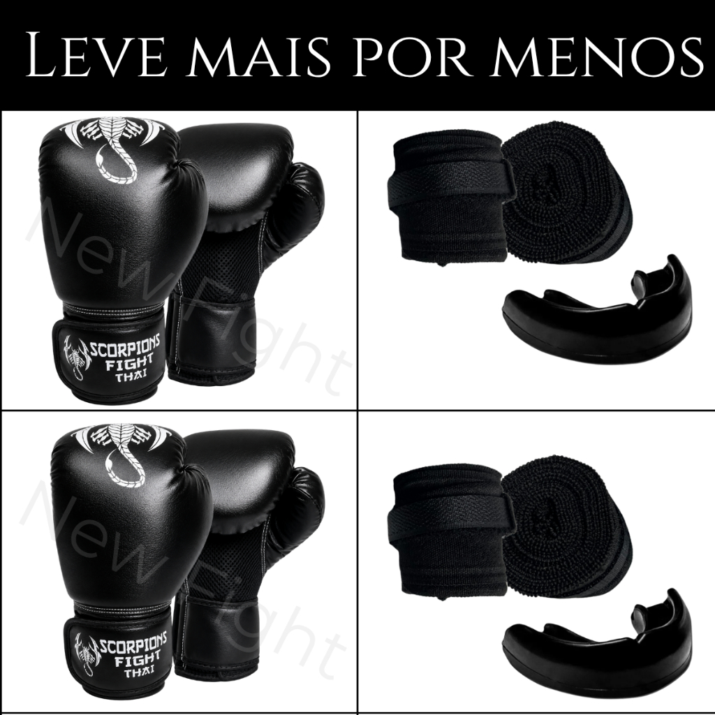 Duas Luvas de Muay Thai + Dois Protetores Bucais + Dois pares de Bandagem