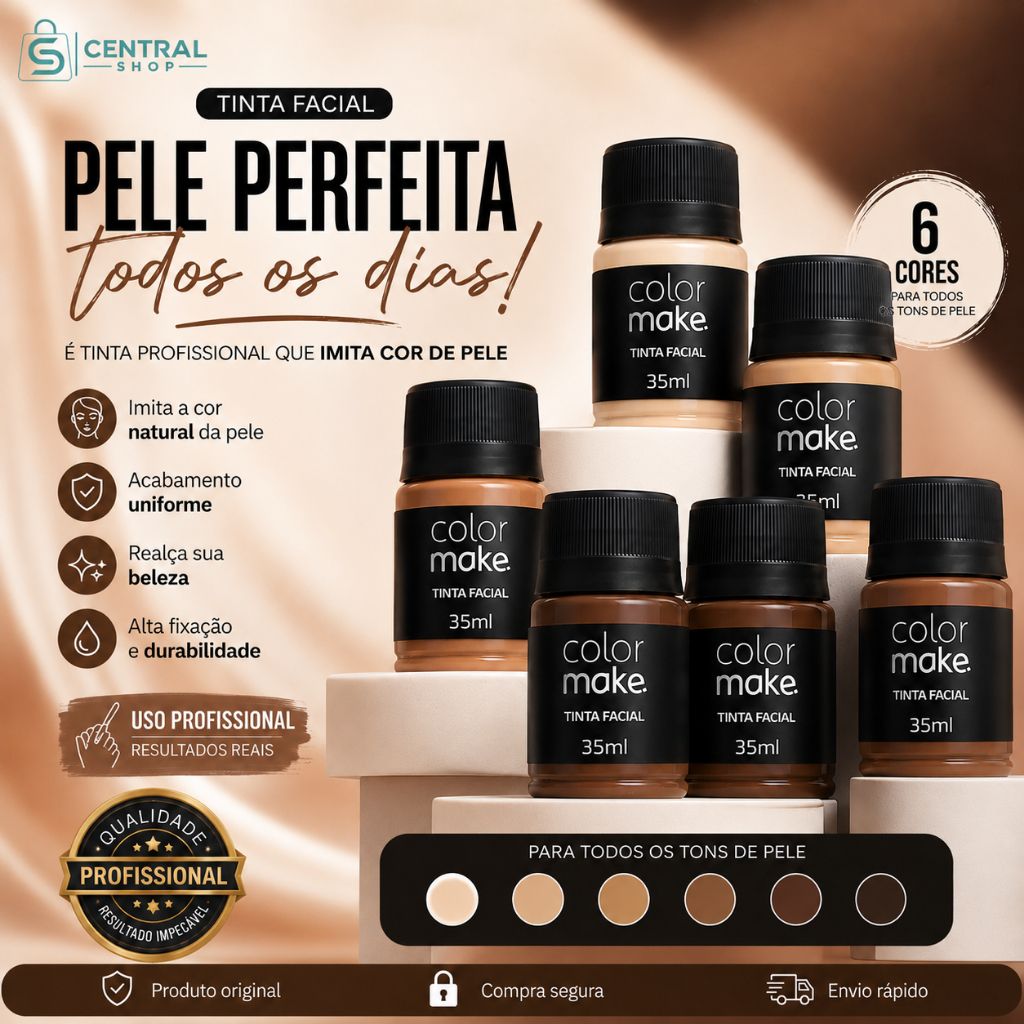 Tinta Facial Profissional ColorMake 35ml 6 Tons de Pele  Alta Cobertura Fixação e Acabamento Natural