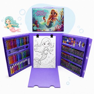 Kit Estojo Maleta De Pintura Infantil Sereia 208 Peças Completo Colorir Escolar Criança Kizumba