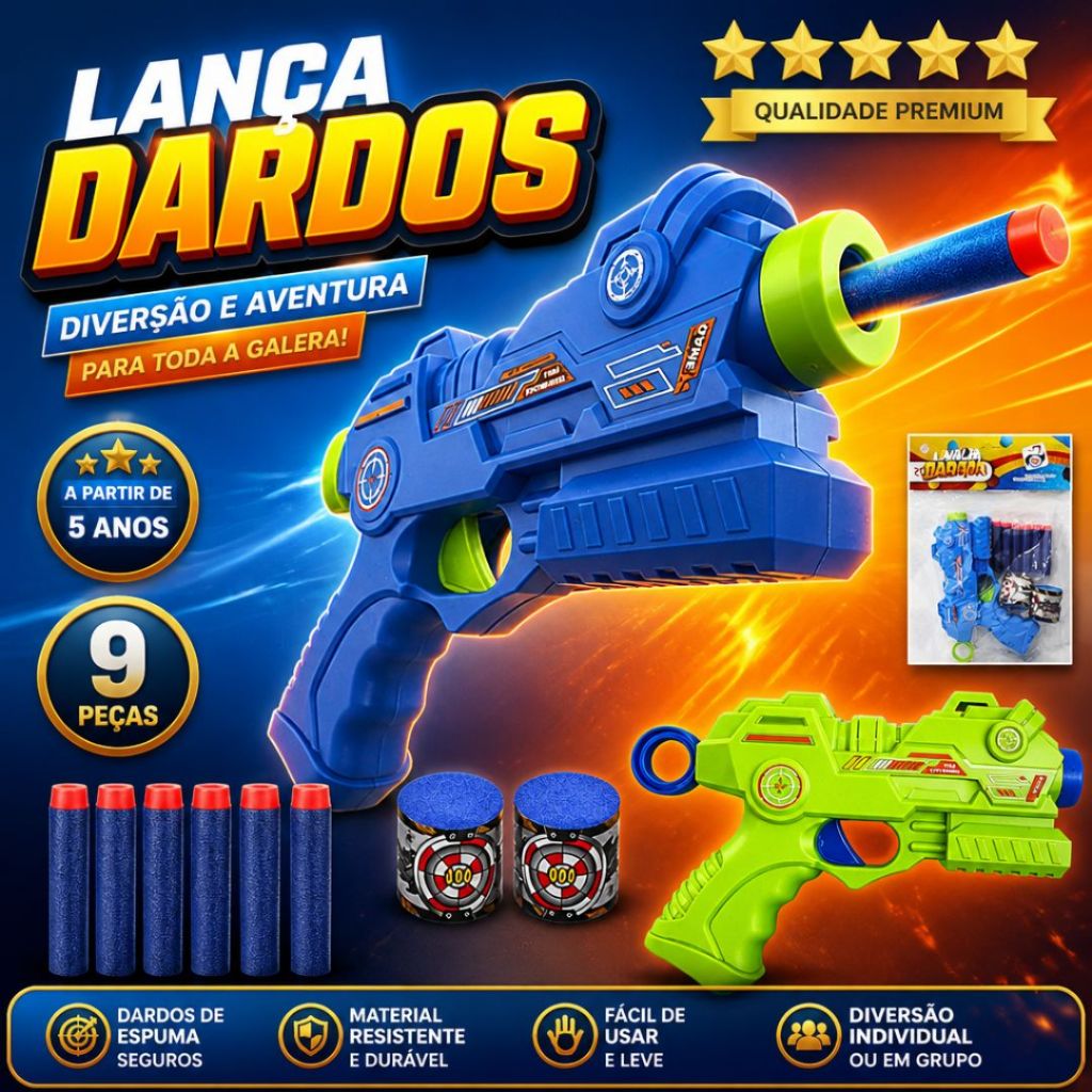 Brinquedo Lança Dardos Infantil 9 Peças com 6 Dardos de Espuma + 2 Alvos | Pistola de Brinquedo