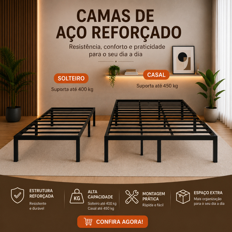 Cama Solteiro ou Casal Aço Reforçado Estrutura Metálica Suporta Até 400kg/450kg Sem Box Escolha na Variação