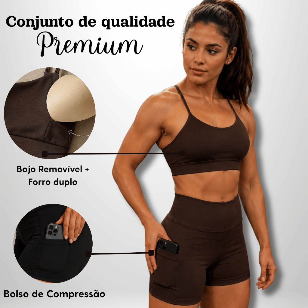 Conjunto Feminino de Academia Conjunto para Treino Top e Short com Bolso de Compressão Promoção