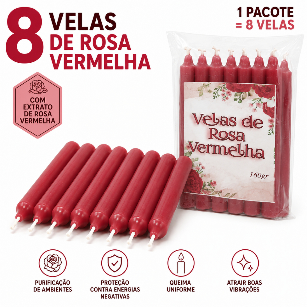 🌹 Vela De Rosa Vermelha Com Extrato Natural | Pacote Com 8 Velas | Amor E Harmonia