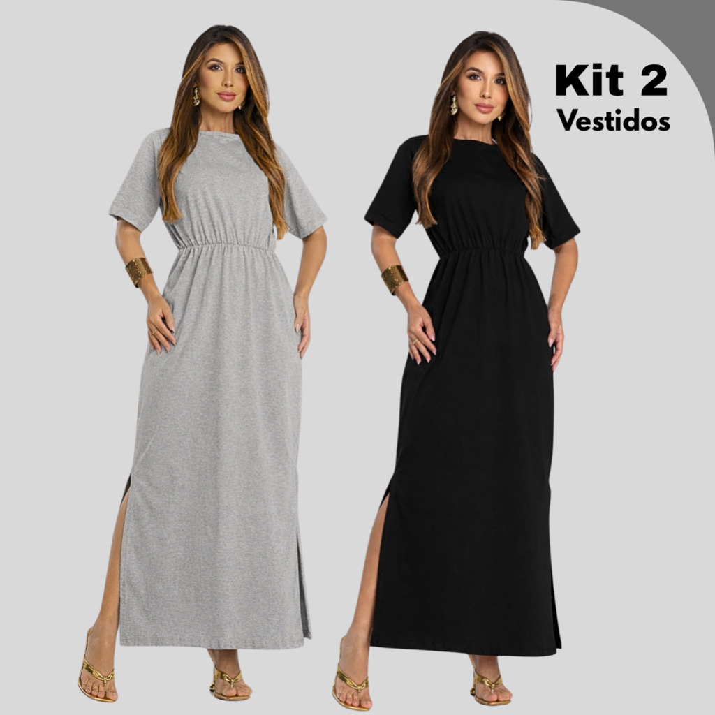Kit 2 Vestidos Algodão Midi Premium de Manguinha Casual Evangelico