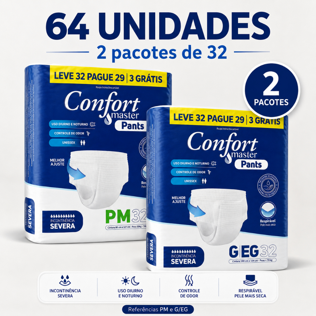Fraldas Geriátricas 64 Unidades Unissex P/M G/EG ConfortMaster Pants Calcinha Cueca Incontinência