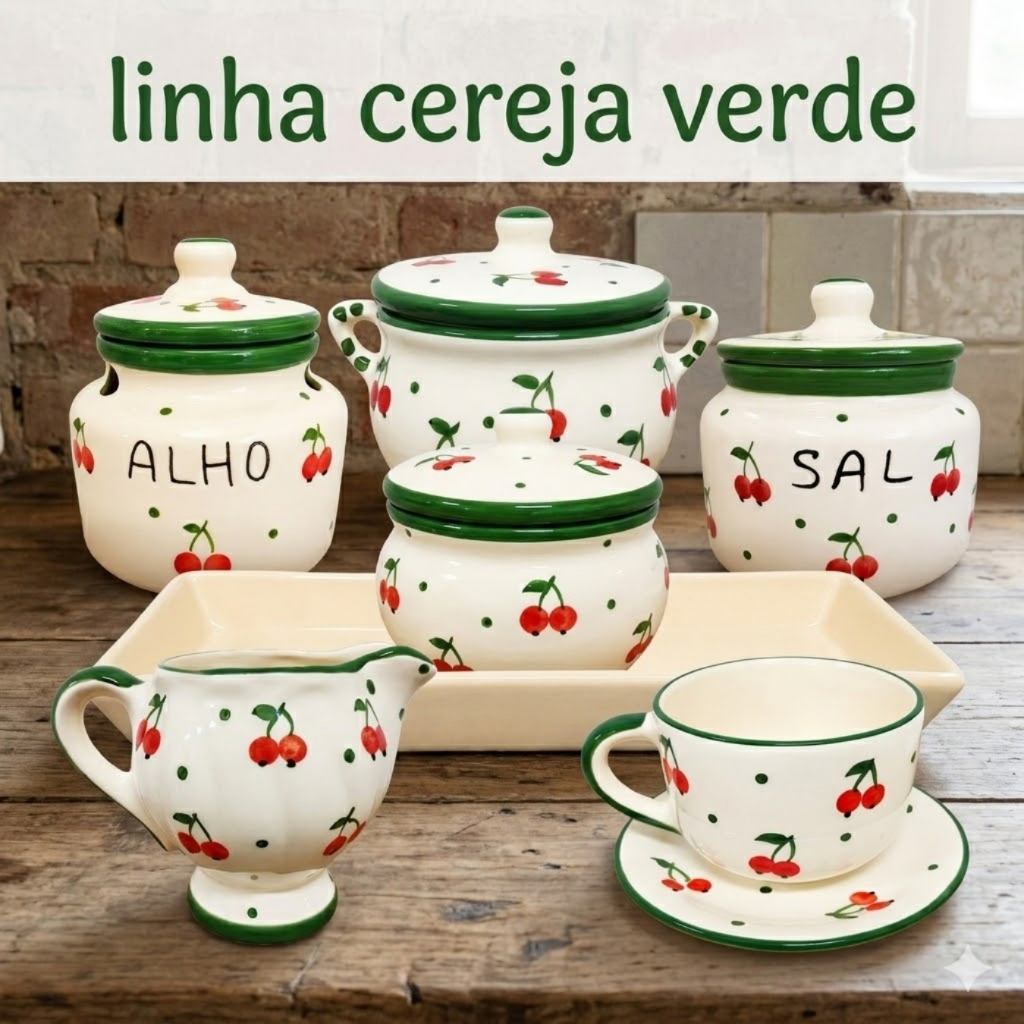 Kit Jogo Cozinha Cerâmica Cereja Verde Potes Saleiro Xícara Travessa Artesanal Mesa