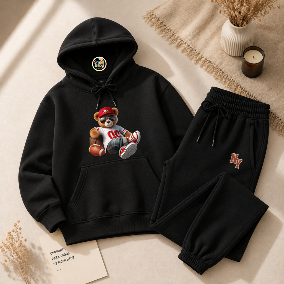 Conjunto Blusa Moletom Canguru Flanelado e Calça Moletom URSO NY Estiloso Moda Gringa Futebol Americano