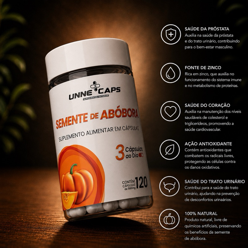 Semente de Abóbora 500mg – 120 Cápsulas | Suplemento Alimentar Unne Caps