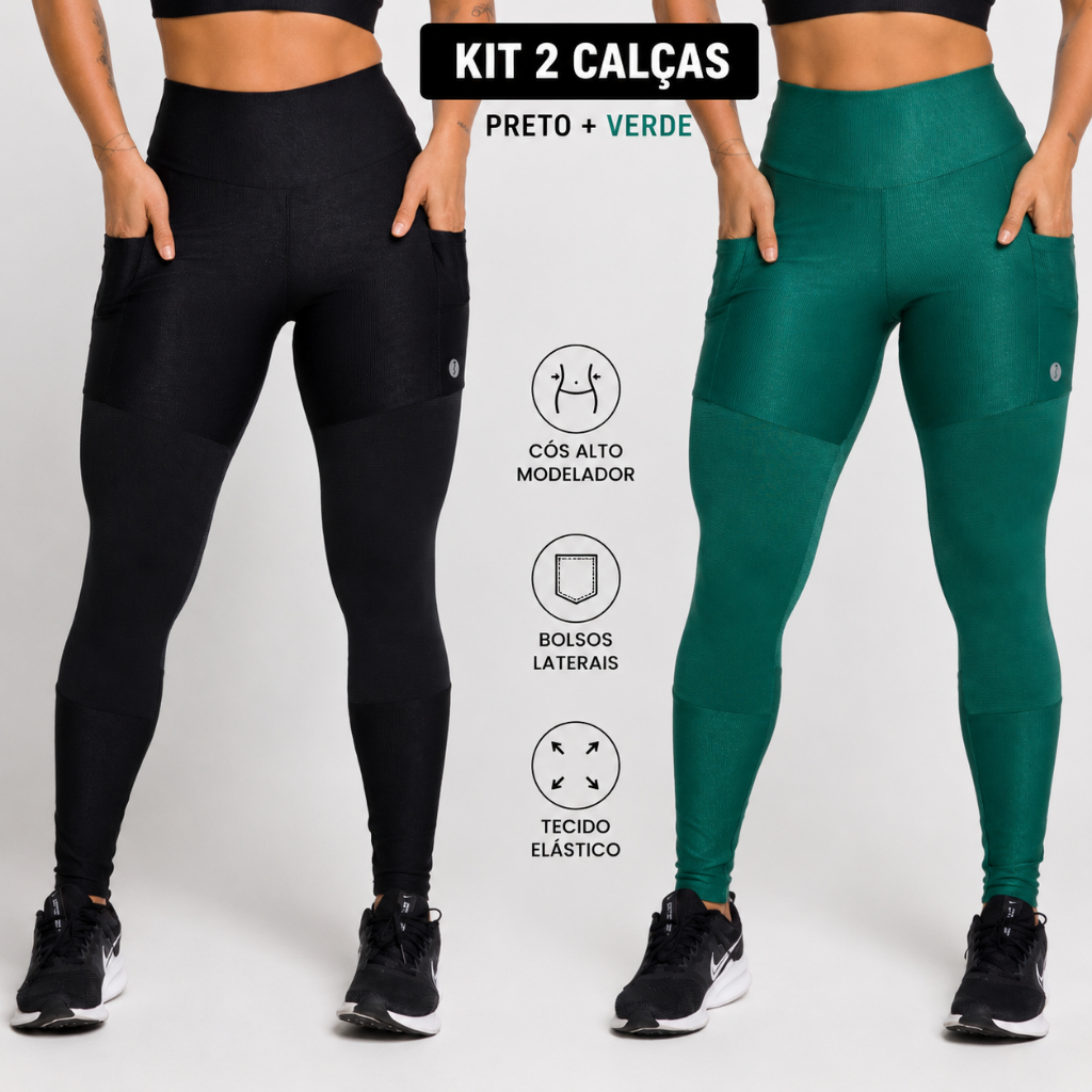 Kit 2 Calças Penelope Legging Com Bolsos Feminina Adulto Laterais E Cintura Alta Moda Fitness