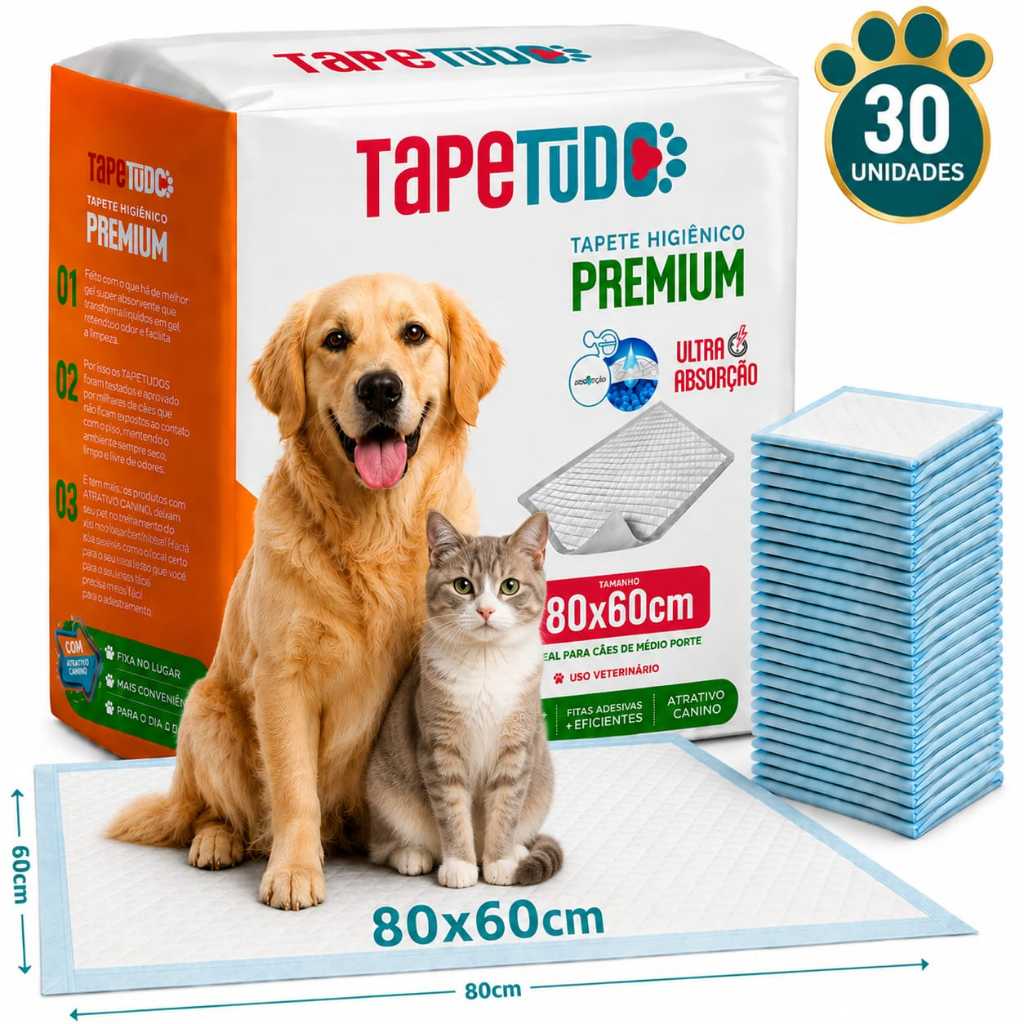Tapete Higiênico Pet Ecológico 80x60cm com 30 Unidades