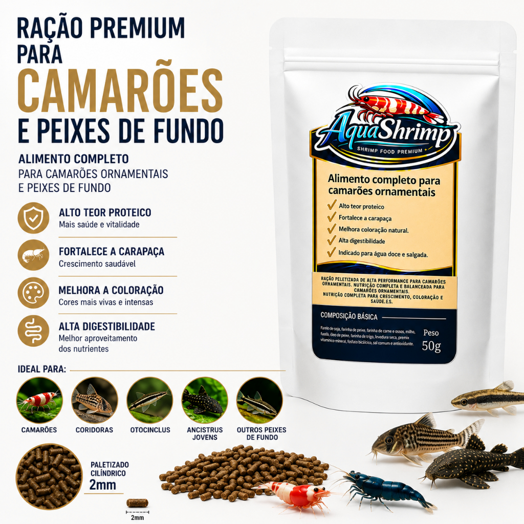 Ração Para Camarão Ornamental Pellet Afundante 50g – AquaShrimp Camarões e Peixes de Fundo Ração Premium