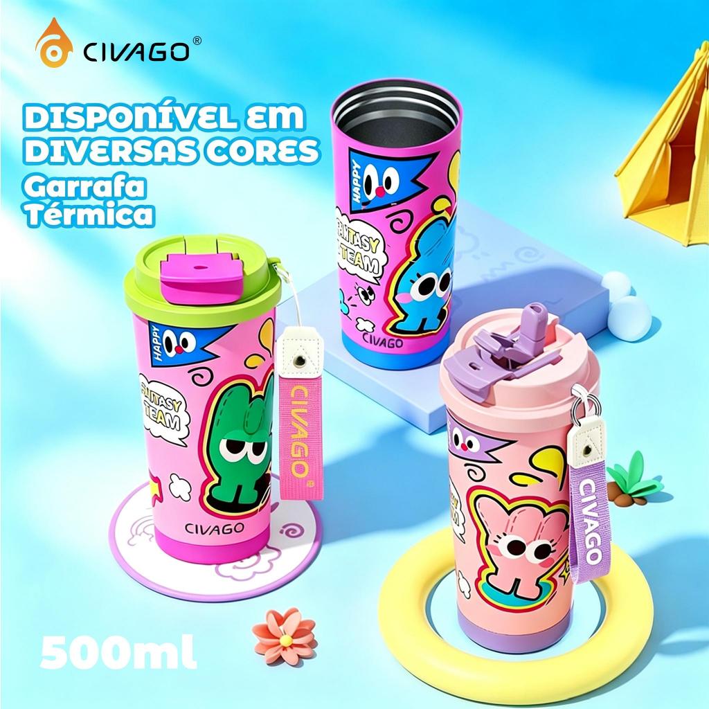 CIVAGO Copo Térmico 500ml Inox 316 Alça Tecido Estampa Fofa Tampa2em1 Antivazamento Canudo Quente/Frio BPA Free Infantil
