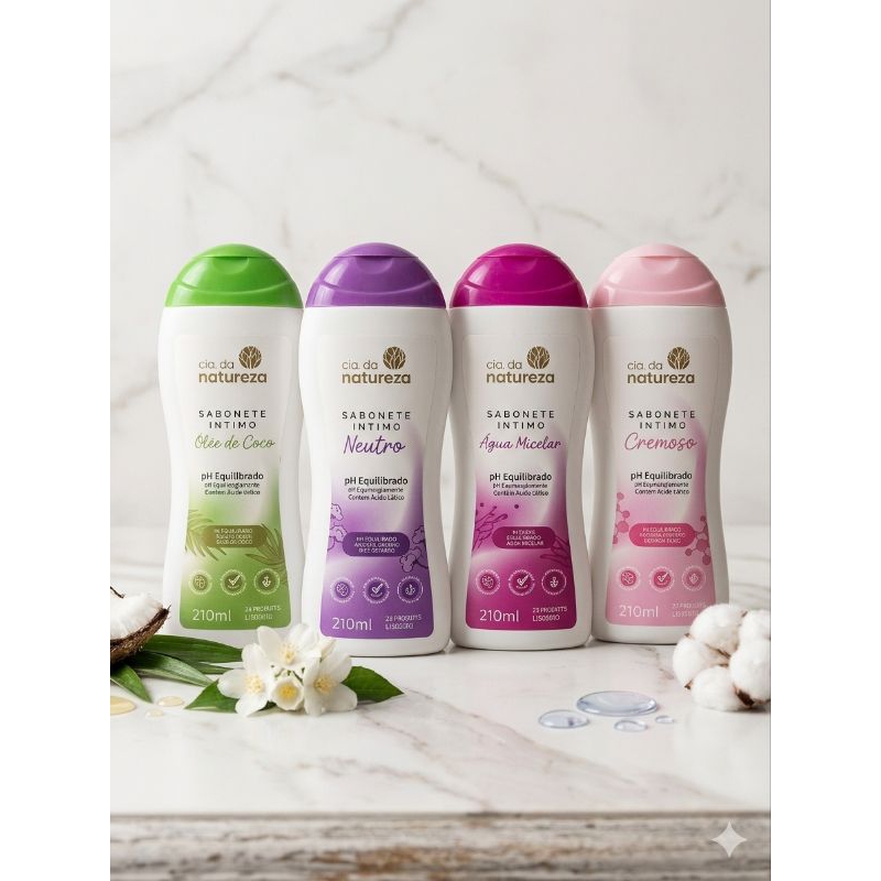 Sabonete Íntimo Cia Da Natureza 210ml pH Equilibrado Ácido Lático - Óleo de Coco / Neutro / Água Micelar / Cremoso