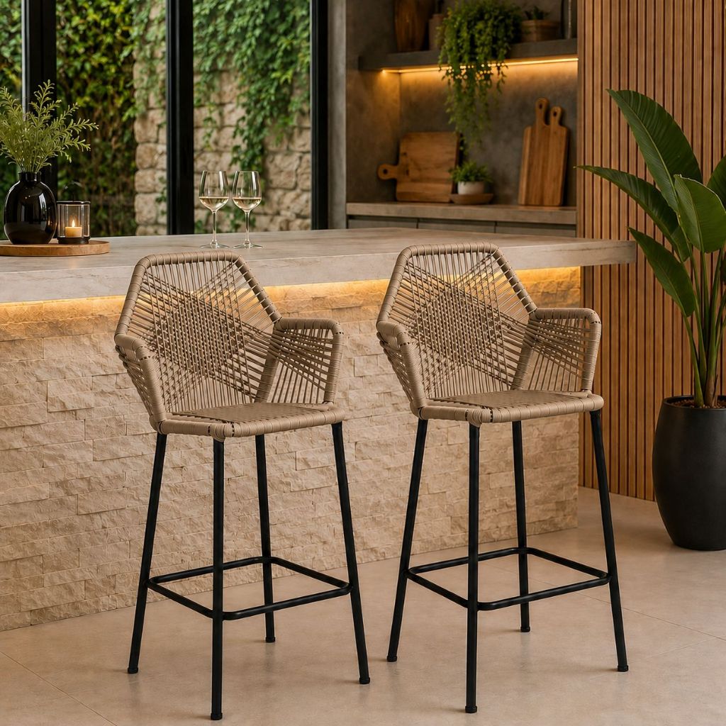 Kit 2 Banquetas Bistrô em Corda Náutica Estrutura Preta