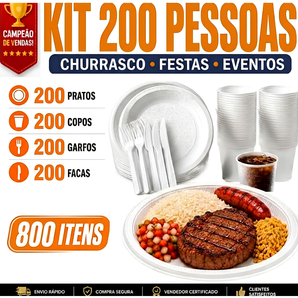 Kit Churrasco/Festa 200x Prato de Isopor + 200x Garfo/Faca + 200x Copo de 300ml
