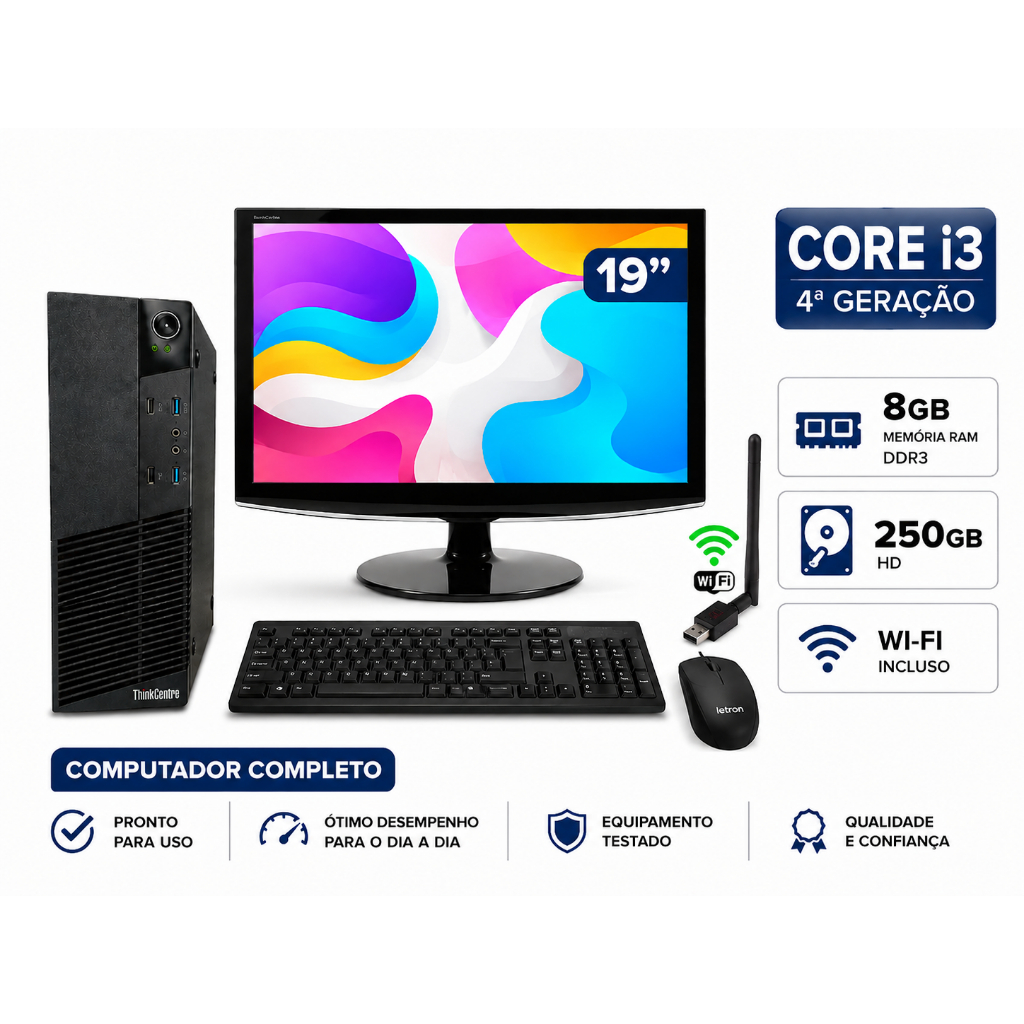 Computador Completo Intel 4ª Geração Com 8Gb Ram 250 gb HD Tela 19" Wifi Pronto Para Usar Barato