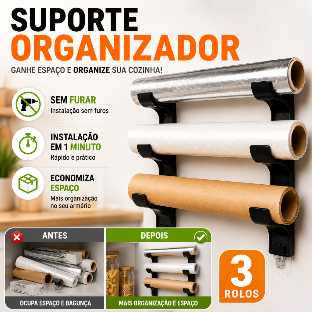Suporte organizador de rolo papel alumínio e filme plástico papel manteiga Organizador de cozinha