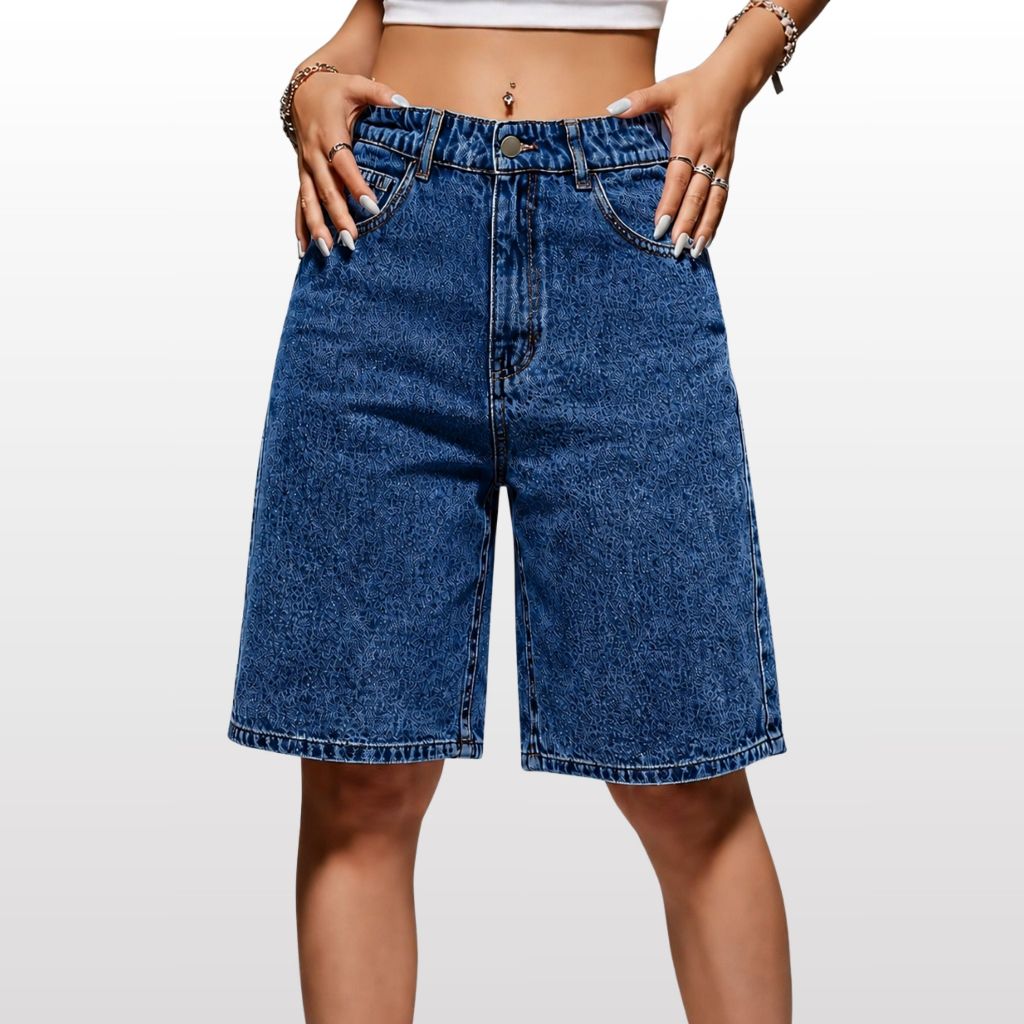 Bermuda Jeans Jorts Feminina Cintura Alta Comprida Casual Oversized Viral