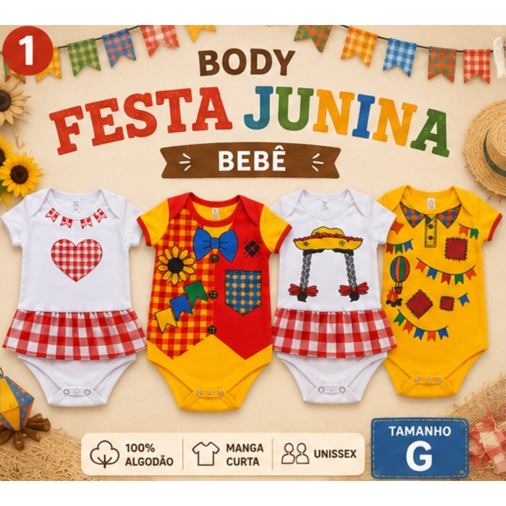 Body Temático Festa Junina Arraial 100% algodão Bebê manga curta colorido quente grande lindo cores variadas UNISSEX