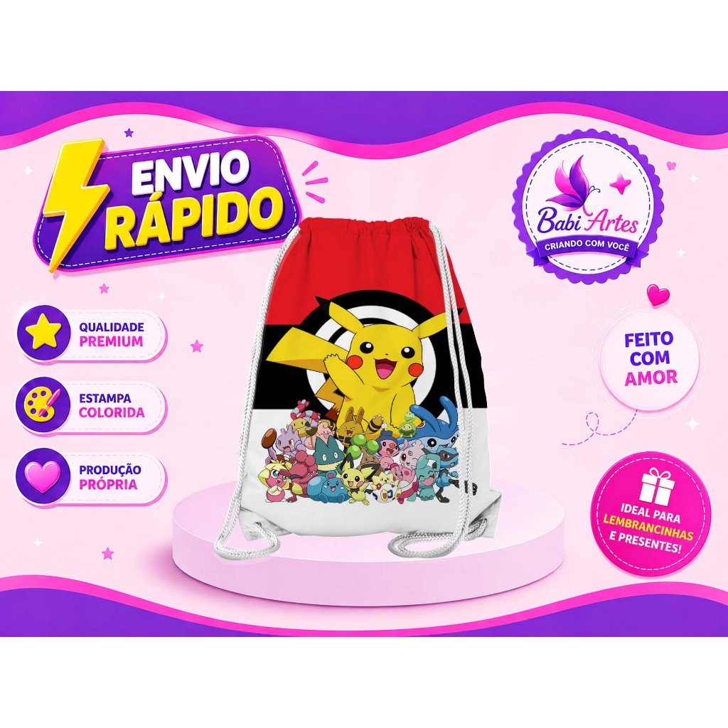 Mochilinha Saco Pokemon Festa Aniversário Lembrancinha Saquinho Infantil Envio Rápido