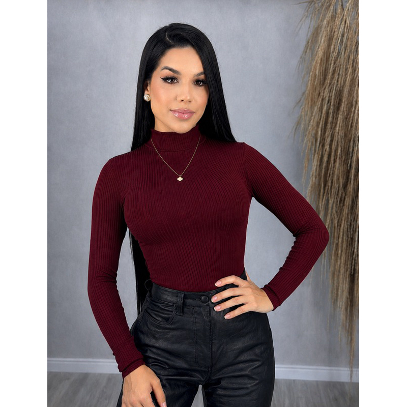 Blusa Gola Alta Manga Longa Canelada Feminina Segunda Pele Chique Elegante Casual Inverno Em Alta