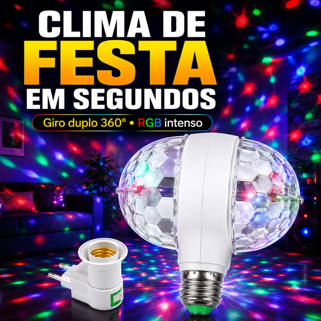 Lampada LED Bola Maluca Dupla Giratoria RGB E27 Festa Balada Aniversario Projetor Iluminacao Bivolt Quarto Tomada