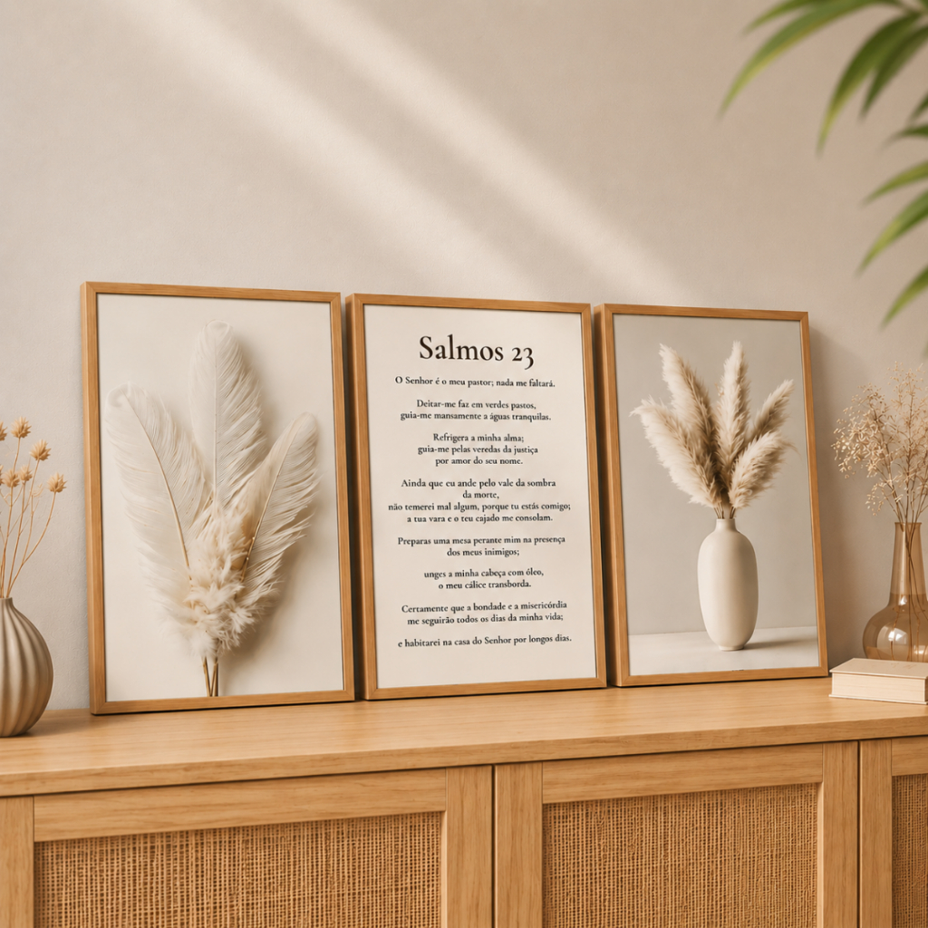 Quadros Decorativos Trio Salmos 23 com Ramos Brancos e Bege Modernos Sala Quarto