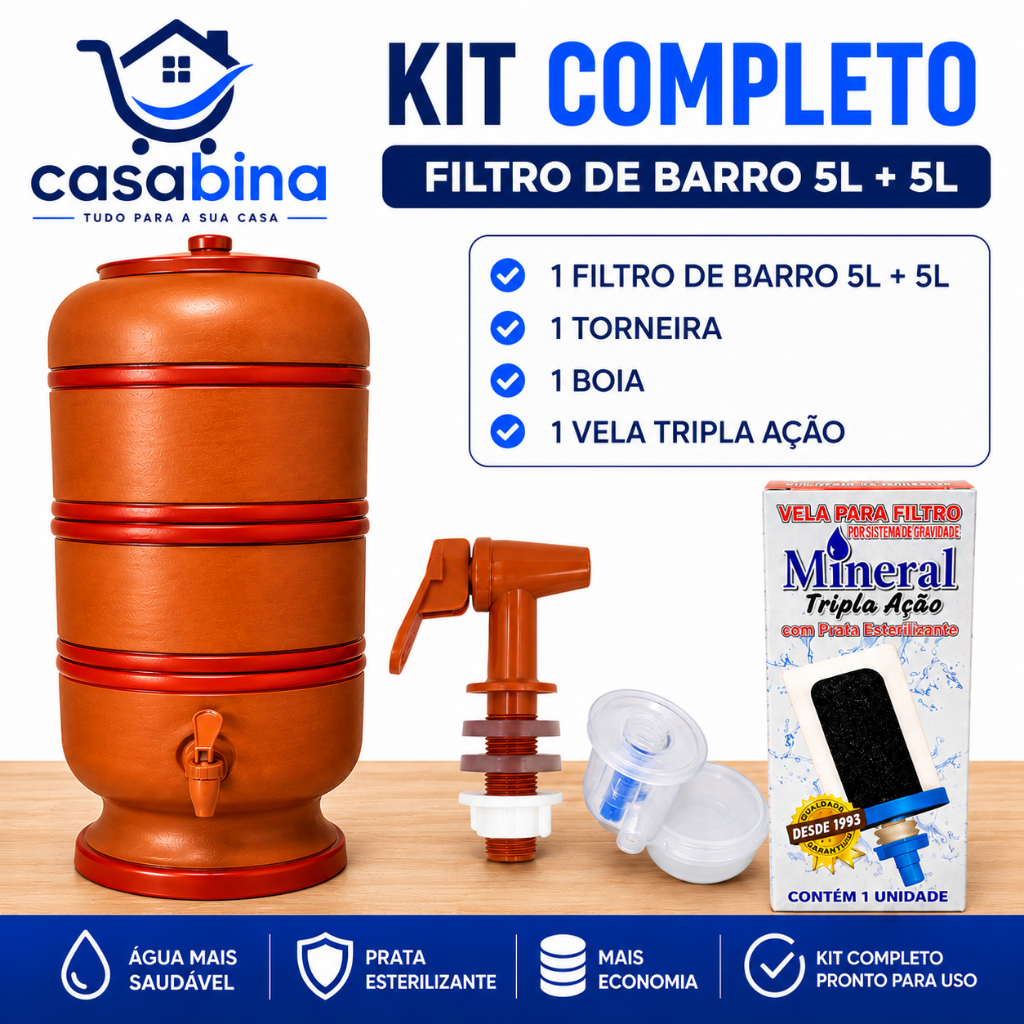 Filtro de Barro Completo 5 Litros + 5 Litros com Vela Tripla, Boia e Torneira